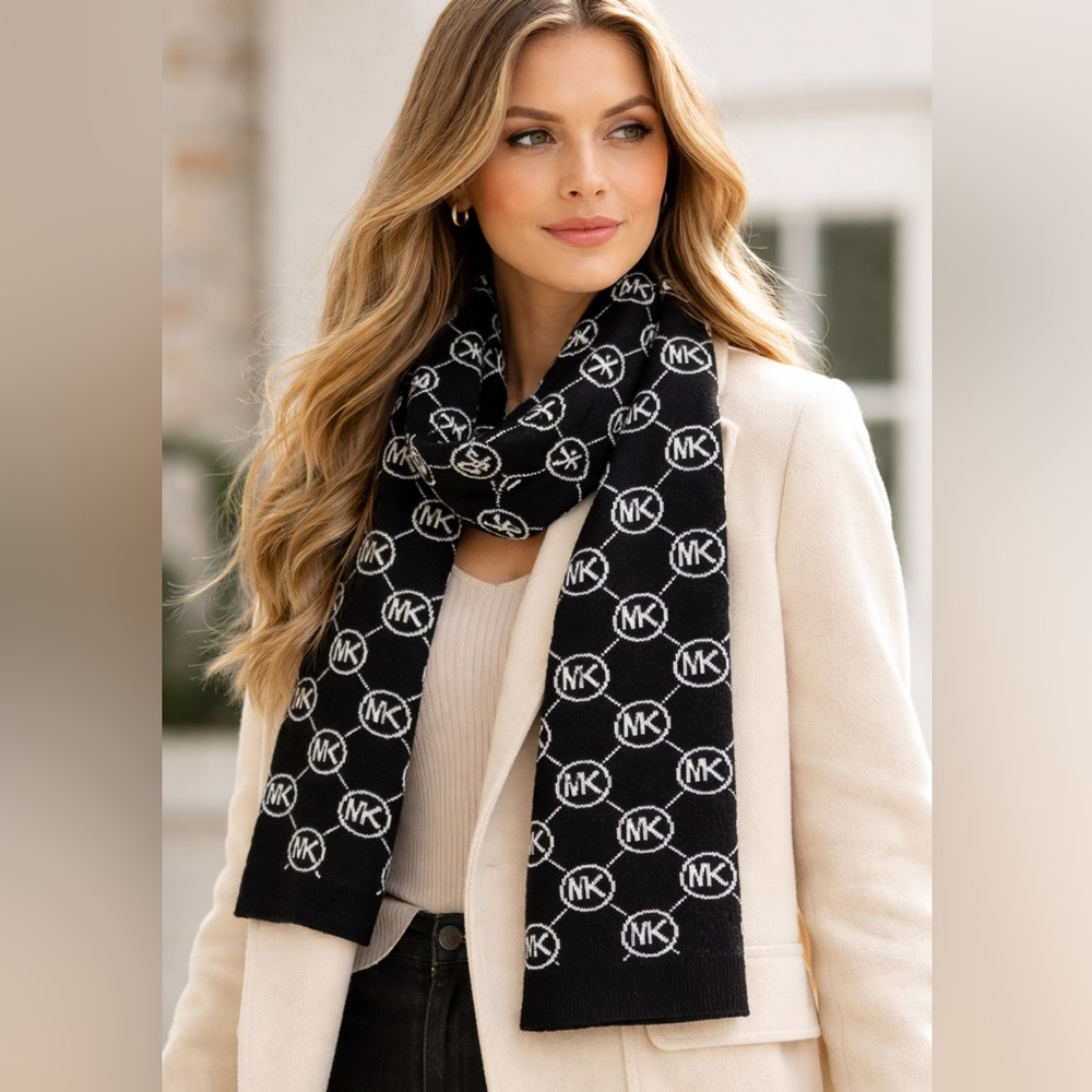 Michael Kors Black & White MK Logo Scarf | Cozy Knit Designer Wrap